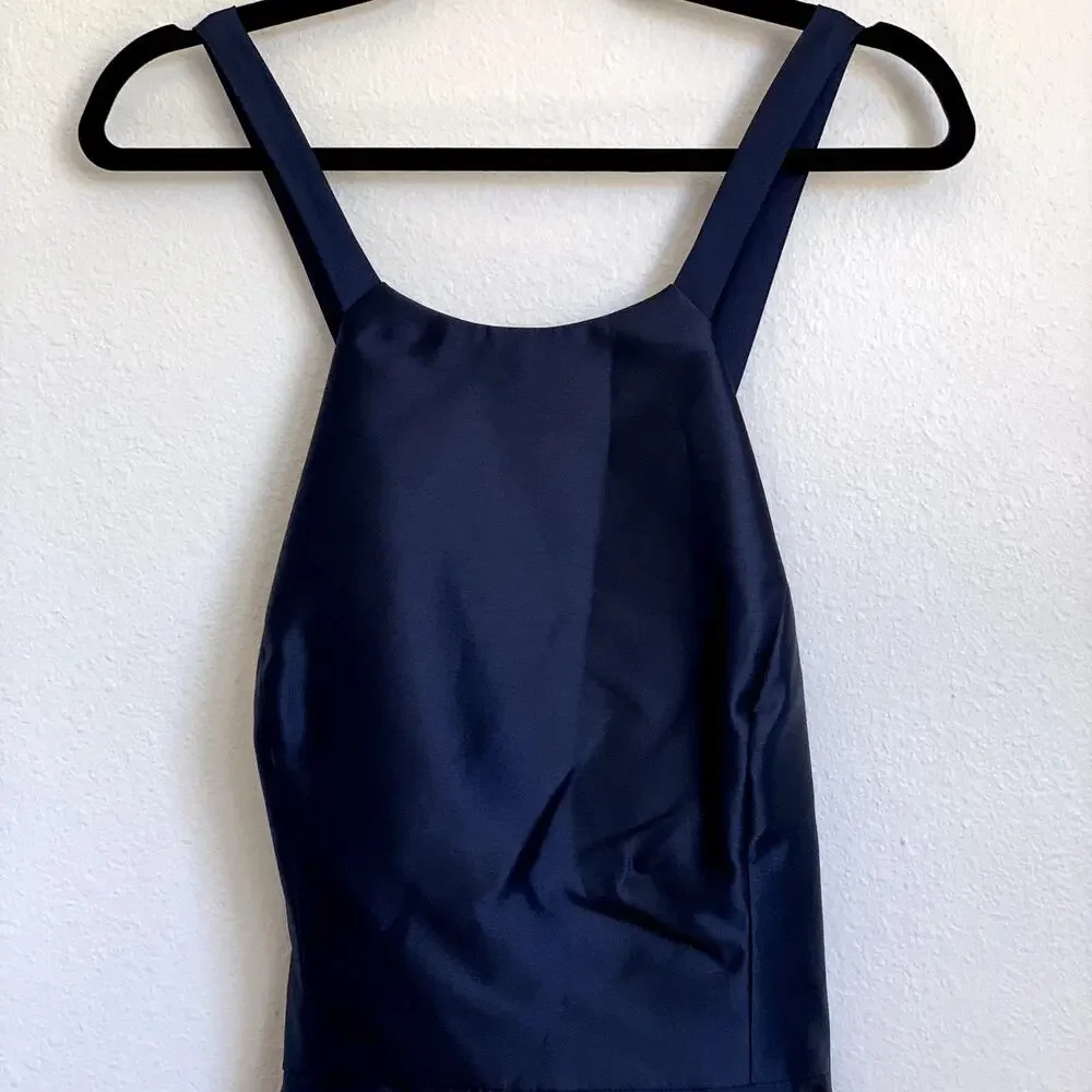 ALFRED SUNG Navy Blue Satin Dress with Lace-Up Back - Picture 4 of 11